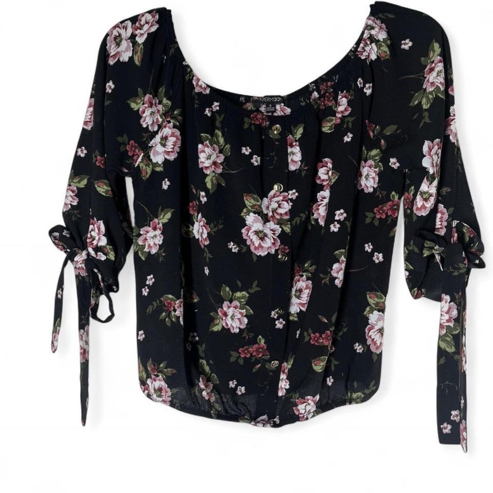 Papermoon Black Floral Blouse with Tie Sleeves